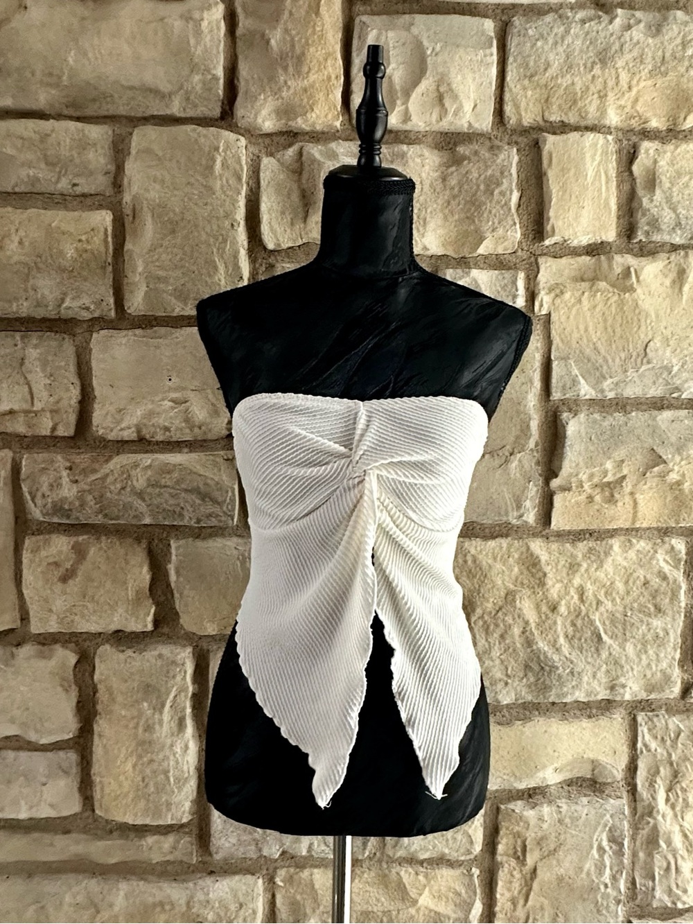 Strapless White Twist-Front Knit Top